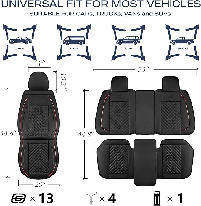 Skechers MAX Cushioning Car Seat Covers,Memory Foam Piping Leather Seat Covers,Waterproof Car Seat Protector Full Set,Car Seat Cushion Airbag Universal Fit for Most Cars,Vans,Trucks,SUV,Red