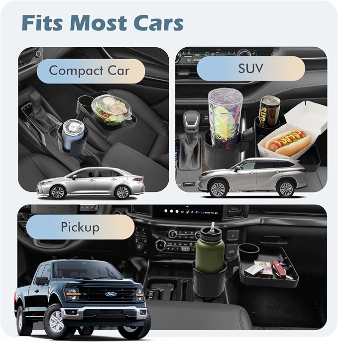 Car Cup Holder Tray, 3 in 1 Cup Holder Expander Adapter for Car, 360° Rotating Detachable 11" Car Food Tray Table for Eating, Road Trip Essentials Fits Yeti, Hydro Flask 16-46 oz, OtterVerz 11