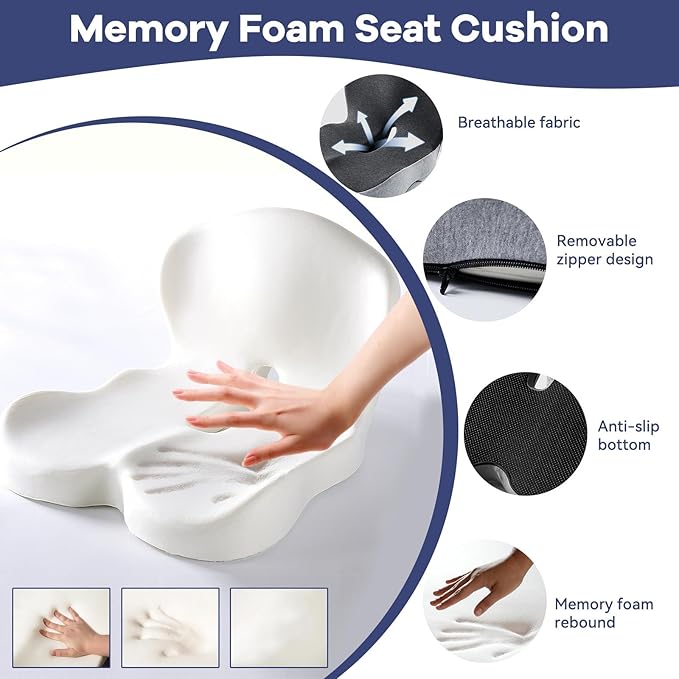 Ergonomic Seat Cushion for Office Chair & Car - Memory Foam Car Cushions for Driving with L-Shaped Design, Adjustable Strap, Non-Slip Bottom - Orthopedic Pad for Truck Driver (Dark Grey)