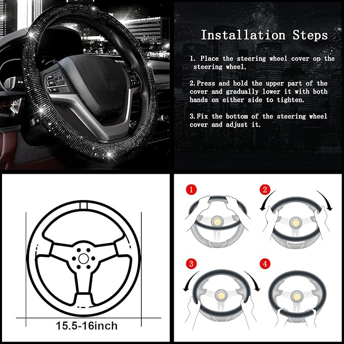 Valleycomfy Steering Wheel Cover for Women 15 1/2 inches-16 inches Bling Bling Crystal Diamond Sparkling for F150 F250 F350 Ram 4Runner Tacoma Tundra Range Rover (Black with Black Diamond)