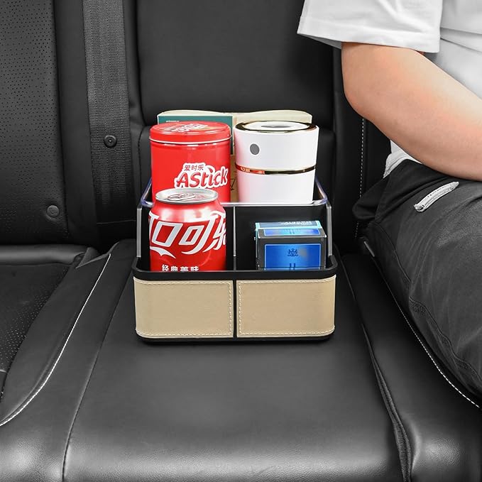 keketuohai Car Organizer Between Back Seat,Car Armrest Storage Box with 3 Compartment,Multifunctional Storage Box with Cup Holder Tray,Car Seat Organizer with Non-slip Mat(Beige)