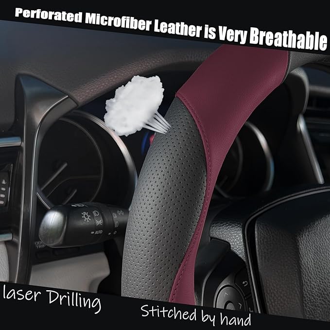 Mihecor Steering Wheel Cover Universal Standard Size 14.5-15 inch, Breathable Microfiber Leather, Anti-Slip, Soft Grip, Sporty Design, Fits for Cars SUVs Trucks, Black and Burgundy