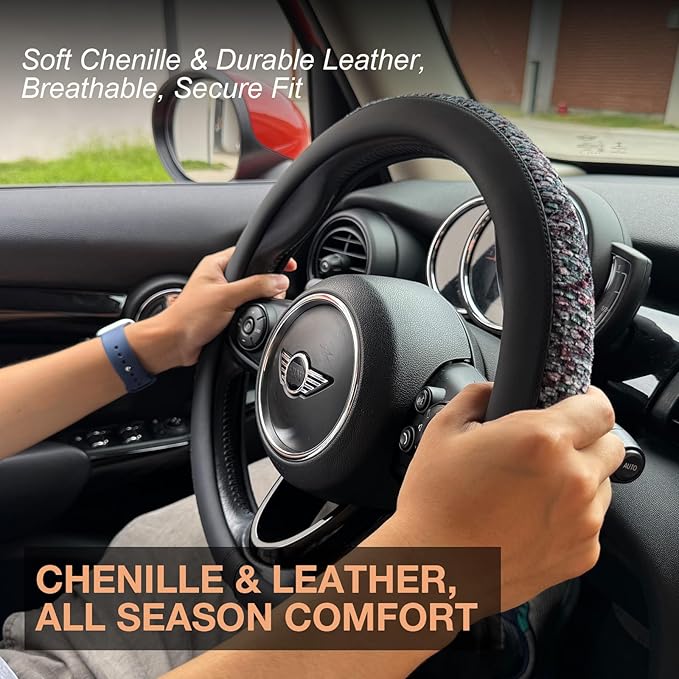 PINCTROT Large Size Chenille Leather Steering Wheel Cover, Soft Mottled Colors, Sweat-Proof, Non-Slip Grip, All-Season Comfort, 15.5-15.75 Inch(Mottled Purple)