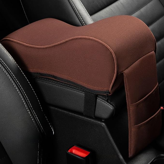 SPANICE Auto Center Console Armrest Pillow Pad, Car Armrest Cushion Soft Memory Foam with Phone Holder Storage, Pockets Bag Seat Cushion Universal Fit for Most Car (Brown)