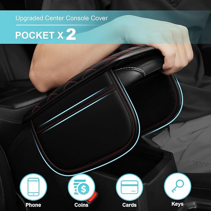 Center Console Cover Fit for Kia Forte 2010-2024 with 2 Storage Bags Waterproof Leather Quilted Pattern Car Armrest Cover Cushion Anti - Slip(Black&Red Line)