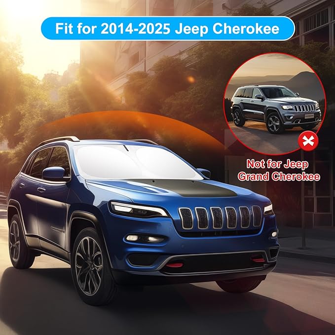 SHINEHOME Car Windshield Sun Shade Compatible for Jeep Cherokee 2014-2025 2026 Trailhawk, Overland, Limited, Latitude, Altitude Accessories 2025 Upgrade Foldable Sunshade Custom Windshield Sun Visor