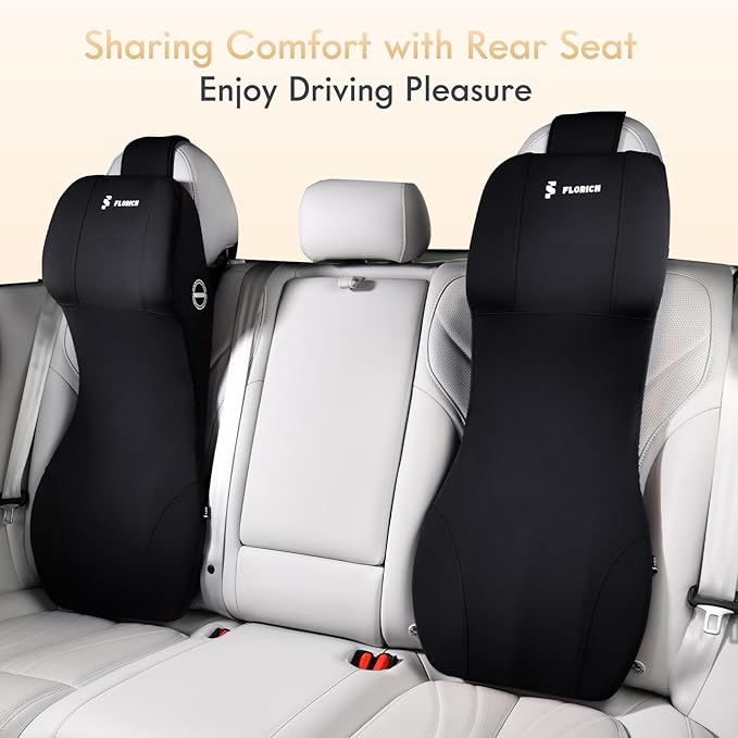 FLORICH Memory Foam Car Lumbar Support with Headrest Pillow 2-in-1 Car Seat Headrest & Lumbar Cushion Ergonomic Back Support Pillow Seat Cushion for Car Seat Driving Neck Back Pain Relief, Black