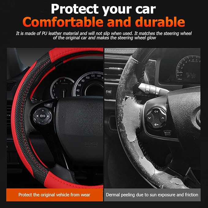 Car Steering Wheel Cover, 14.97 Inch Leather Non-Slip Vehicle Steer Wheel Protector, Soft & Breathable Automotive Interior Protection Accessories, Universal for SUV Sedan Truck (Black/Red)