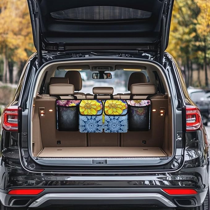Large Capacity Car Trunk Organizer Blue Mandala Floral Flowers Hanging Cargo Storage Bag with Lid Trunk Storage Bag,Easy to Install