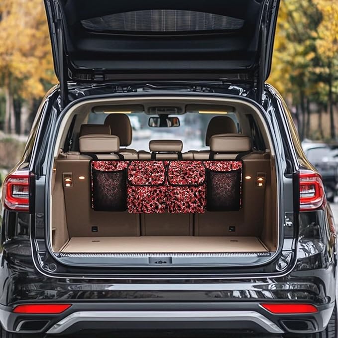 Red Leopard Car Storage Bag Hanging Backseat Organizer Waterproof Large Capacity Trunk Organizer for SUV with 4 Pockets & Buckle Suitable for Women Shopping or Beach Vacation
