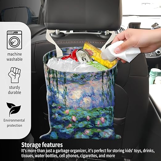 ADQWIOVL Car Garbage Can, Seat Back Hanging Cute Car Trash Can Bag, Car Organizer and Storage Bag for Travelling, Outdoor Watercolor Water Lily