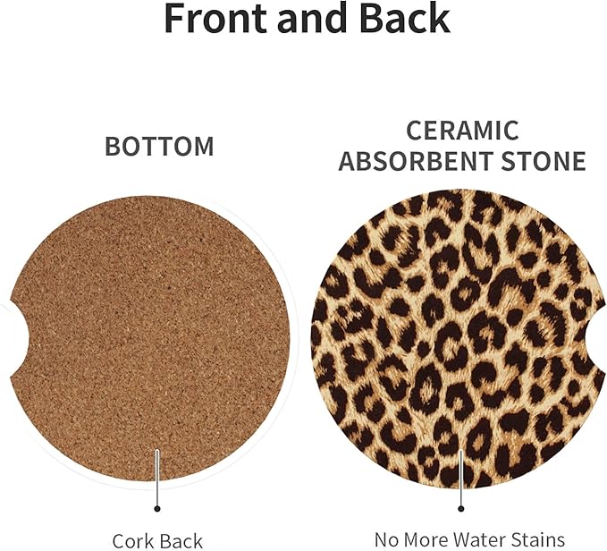 HUWAAI Leopard Print Car Cup Holder Coasters 2 Pack Universal 2.63 Inch Anti Slip Ceramic Absorbent Coaster with Cork Base and Finger Notch Cute Car Accessories Interior for Women