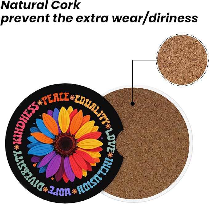 HUWAAI Kindness Peace Love Hope Car Cup Holder Coasters 2 Pack Universal 2.63 Inch Anti Slip Ceramic Absorbent Coaster with Cork Base and Finger Notch Cute Car Accessories Interior for Women
