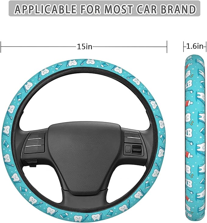 FeHuew Cute Teeth Blue Pattern Steering Wheel Cover for Women, Girls 15 inch Universal Auto Car Anti Slip Wrap Steering Wheel Covers Fit for Vehicles, Truck, SUV