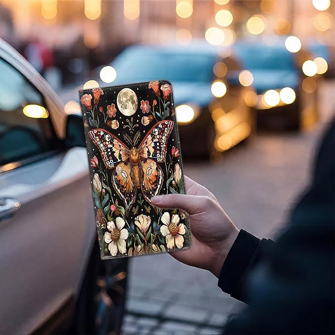Car Registration and Insurance Card Holder for Women Men, Waterproof PU Leather Glove Box Car Organizer with Magnetic Shut, Vehicle Document Holder for Driver License,Cards, Moth Moon Pattern