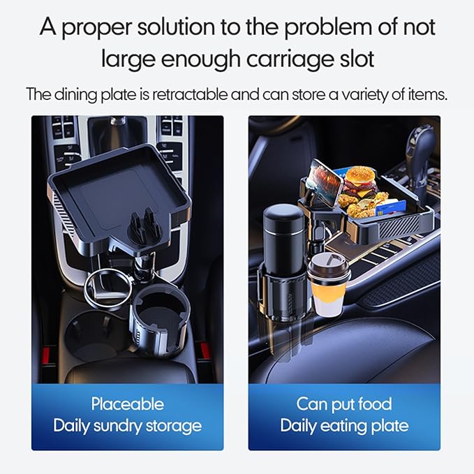 Car Cup Holder Tray, 10 Inch 4-in-1 Cup Holder Tray, 360° Rotating Drink Holder Expander with Detachable Food Tray & Phone Holder, Road Trip Essentials
