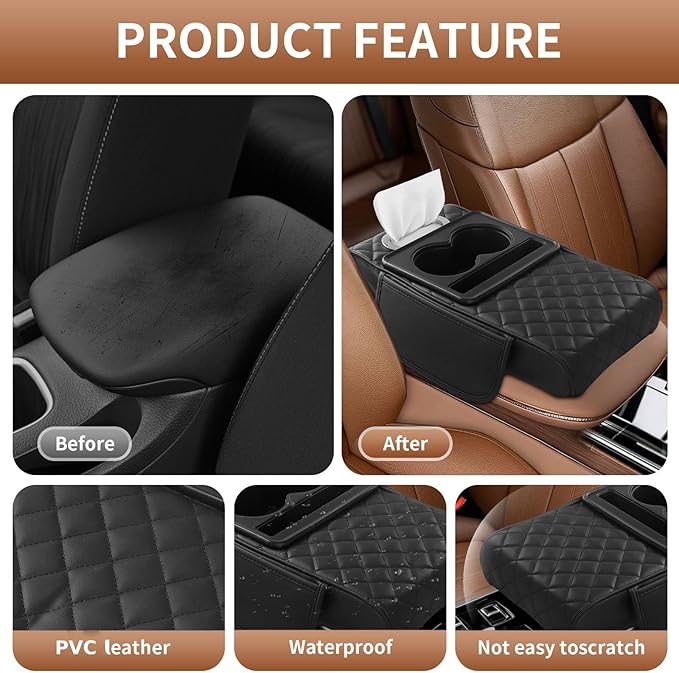 5-in-1 Car Armrest Cushion, Multifunctional PVC Leather Center Console Armrest Pillow Elbow, Universal Arm Box Pad Cover with Cup Holder, Phone Slot, Tissue Box Slot & 2 Storage Bags, Black