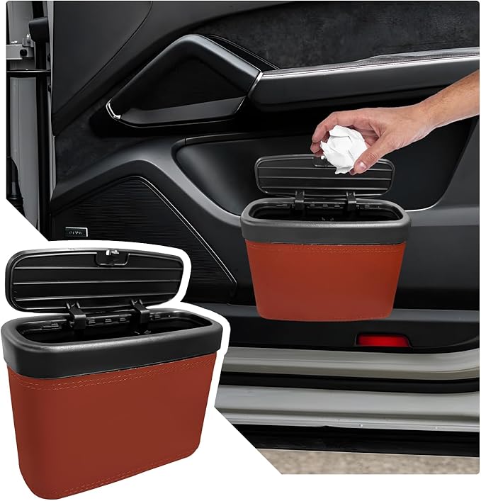 Car Trash Can with Lid, Leather Auto Dustbin Hanging Organizer with Mounting Clip, Multi-Purpose Leakproof Vehicle Garbage Bin Storage Container for Cars SUVs RVs (Brown)