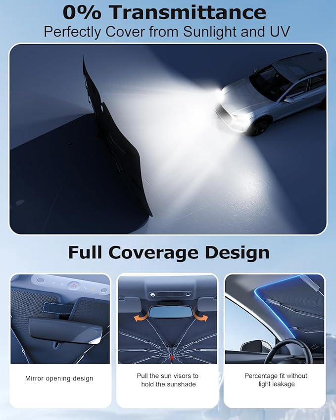 [Upgrade] DMJN Umbrella Windshield Sun Shade, [Nano-Ice-Crystal Coatings] Umbrella Sunshade for Car - Protect Interior from UV & Keep Car Cooler (Medium)