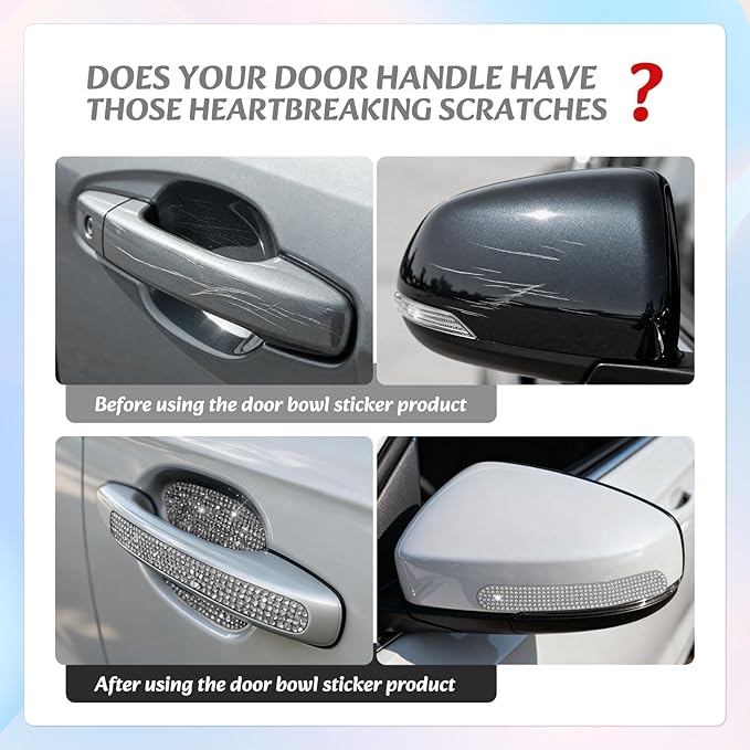 10PCS Bling Car Door Handle Protectors, 4 Door Bowl Stickers + 6 Handle Strips, Crystal Rhinestone Anti-Scratch Car Accessories, Sparkling Auto Decor Decals, Universal for SUV Sedan Truck (White)