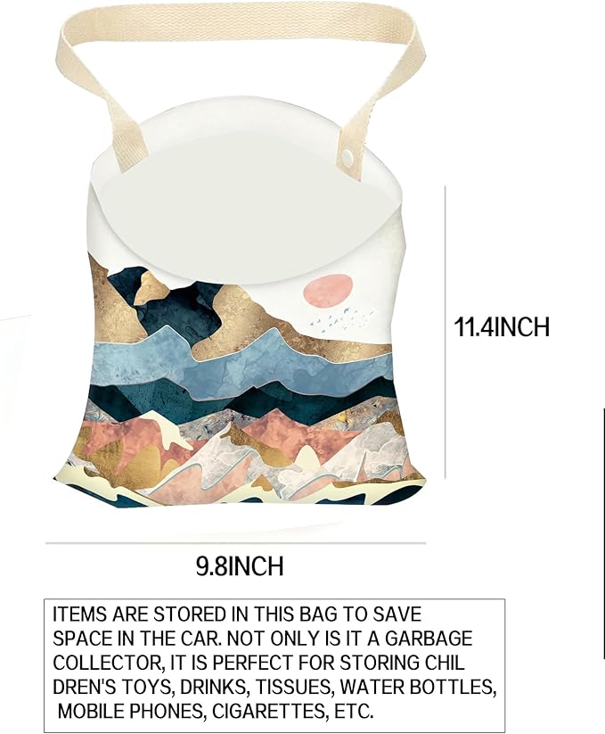 ANKVRP Hanging Car Trash Can Bag - Organizer for Back Seat, Boho Mountain Style, Ideal for Traveling, Camping & Vehicle Accessories