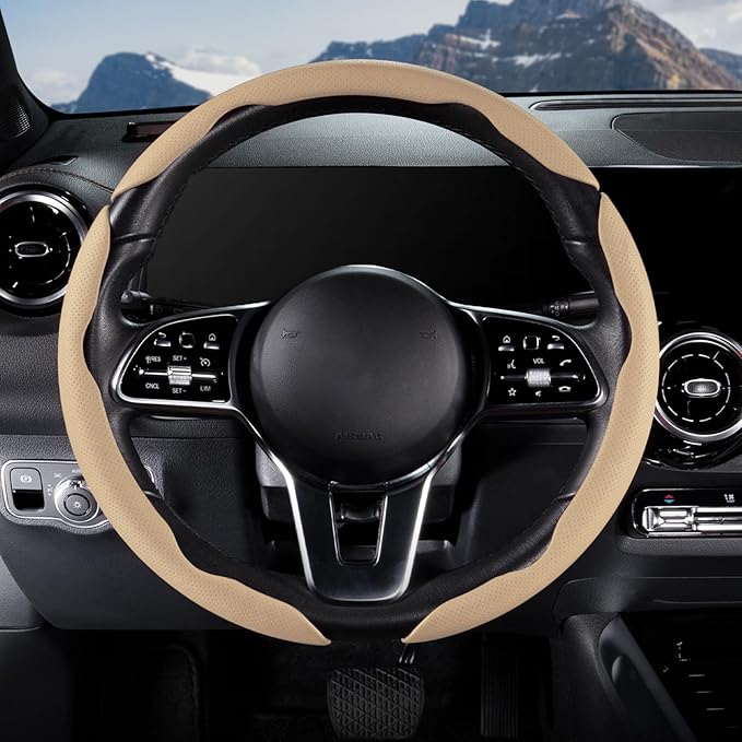 Car Steering Wheel Cover Leather Snap On 3Pcs Set Non-Slip Protector Wrap Steering Wheel Accessories 14.5-15 inch Universal Beige