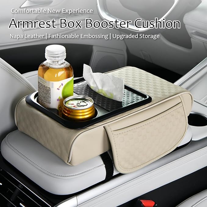 Car Center Console Armrest Pad, Arm Rest Box Cushion with Ergonomic Height Boost, Storage Pockets, Built-in Tissue Box, Cupholder, Fit for Most Sedan Vehicles (Embossing Checkerboard, Burgundy)