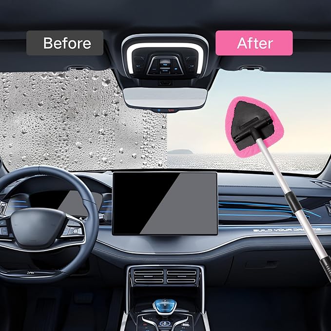Qydipclin 10pcs Windshield Cleaning Tool Inside Car Window Cleaner Wash Kit with 4 Reusable Microfiber Pads 1 Spray Bottle and Extendable Handle Interior Auto Glass Wiper Kit, Pink