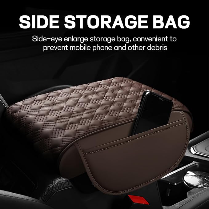 Hbxdeco Car Armrest Cushion, 12.2"×8.3" Leather Auto Memory Foam Center Console Pad with Storage Pocket, Waterproof & Anti-Scratch Elbow Pillow Armrest Seat Box Protector, Universal Fit (Coffee)