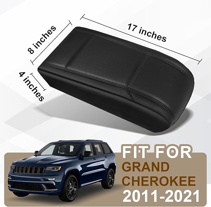 Muslogy Center Console Armrest Cover Compatible with 2011-2021 Jeep Grand Cherokee & 2011+ Dodge Durango Comfort Armrest Pad Arm Rest Cushion Vegan Leather Protector Regular Thick