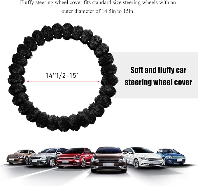 Fluffy Car Steering Wheel Cover, 14.5-15 Inches Anti-Slip Plush Fuzzy Steering Wheel Protector, Soft Warm Steering Wheel Cover Interior Decor for Women Girl, Car Accessories (Black)