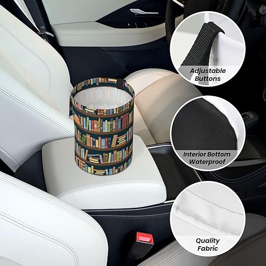KXWQTRDD Car Garbage Bag Bookshelves Full of Books Mini Car Trash Bin Portable Collapsible Waterproof Rubbish Bag for Car Accessories Back Front Seat Cup Holder