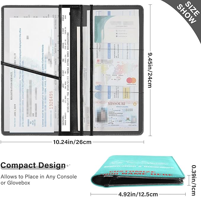 Custom Car Registration and Insurance Card Holder Personalized Leather Glove Box Organize Men Women Wallet Accessories Case for Cards, Essential Document Driver License Turquoise