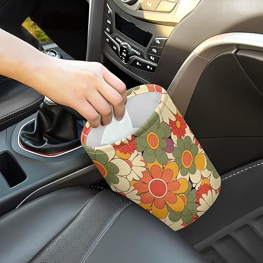 Brosoneto Colorful Groovy Flower Print Portable Car Garbage Bin Reusable Collapsible Hanging Portable Dustbin Bin Waste Basket Car Accessories Interior for Car SUV Trucks Universal