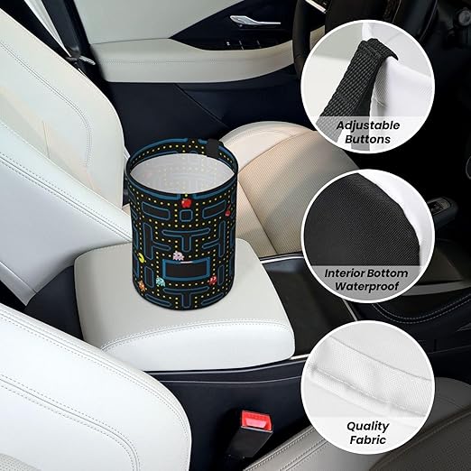 Retro Video Game Pattern Car Trash Can Leak Proof Hanging Waterproof Garbage Can Multipurpose Trash Bin for Car SUV Front Seat Headrest Collapsible and Portable Storage Pocket