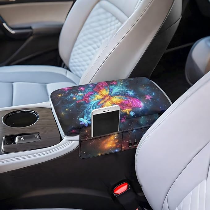 Dreaweet Car Center Console Cover with Pockets Galaxy Butterfly Car Accessories Thick Arm Rest Cover for SUV Truck Sedan Non Slip Comfortable Armrest Cushion Cover Pad