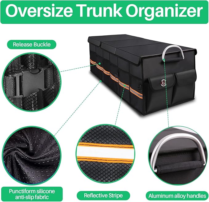 LI LIBZAKI Trunk Organizer Cargo Organizer Trunk Storage Waterproof Collapsible Durable Multi Compartments-((Oversize,Black)