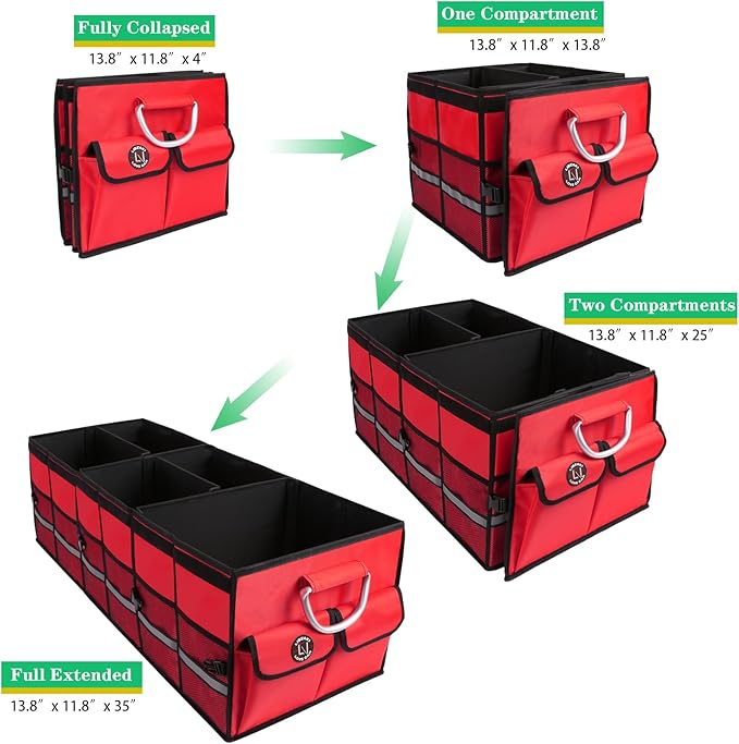 LI LIBZAKI Big Car Trunk Organizer, Cargo Organizer SUV Trunk Storage Non Slip Bottom Waterproof Collapsible Durable Multi Compartments-(Oversize,Red)