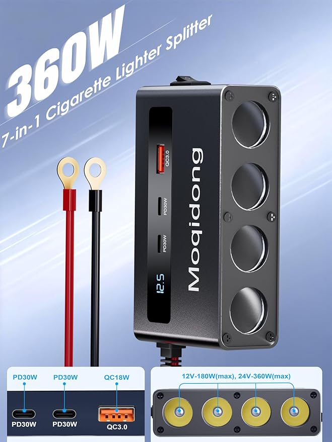 12V 24V Cigaretter Lighter Splitter: 360W USB Car Charger 4 Cigarette Lighter Socket 3 Multi Port Outlet Adapter, 12 Volt Power Supply Car Plug Outlet Battery Adapter with LED Display Master Switch