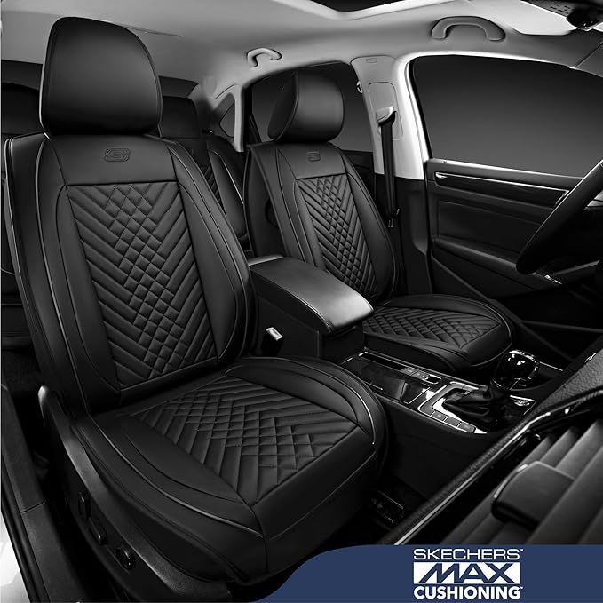 Skechers Car Seat Covers,MAX Cushioning Memory Foam Piping Leather Seat Covers,Waterproof Car Seat Protector Front Seats,Car Seat Cushion Airbag Universal Fit for Most Cars,Vans,Trucks,SUV,Black