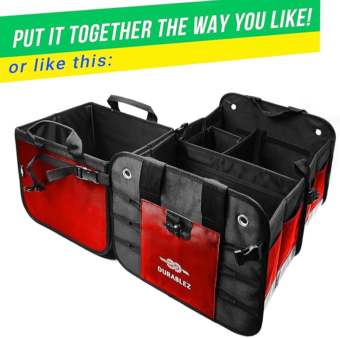 DURABLEZ XL Trunk Organizer 3-Section Modular – Extra Large Car Storage for Groceries & Travel Gear, Multi-Compartment Foldable Cargo Bin – Red