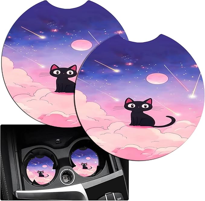 JANENFNA Car Armrest Cover Pads Universal Fashion Cute Auto Center Console Armrest Cover Pad with 2PCS Car Coasters Soft Waterproof Car Armrest Seat Protector for Women,Cute Cat on Pink Clouds