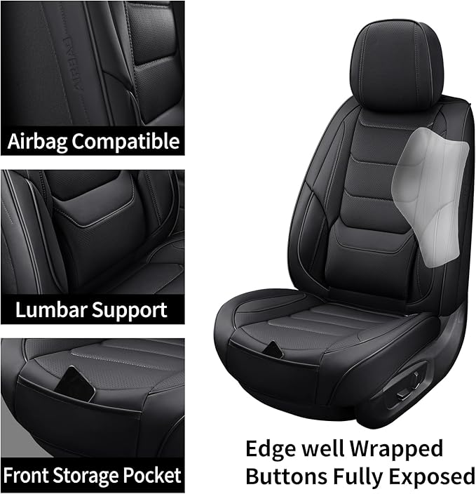 SCOMEE Leather Car Seat Covers Full Set Breathable Automotive Seat Protectors, Waterproof Universal Fit for Most Cars, SUVs, Trucks (Black, Full Set)
