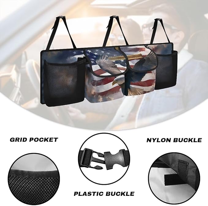 Car Storage Organizer New Version, Hanging Trunk Organizer with 4 Functional Storage Bags, Car Trunk Storage Bag for SUV Truck MPV VAN,American Flag Eagle Cross Patriotic Religious