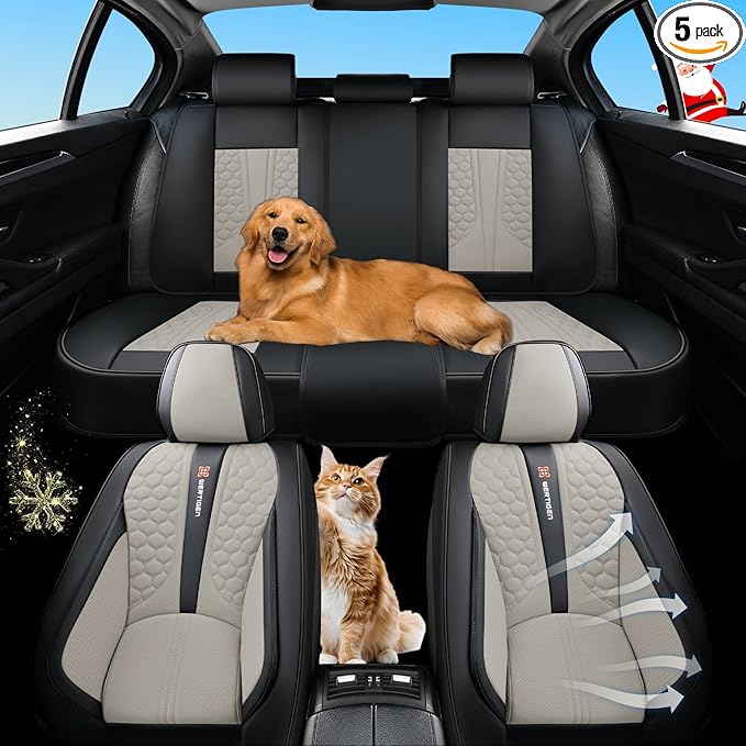Wertigen Black and Grey PU Leather Car Seat Covers - Luxury Waterproof Car Seat Covers with Lumbar Support, Non-Slip Base, Airbag Compatibility, Easy Installation and Cleaning