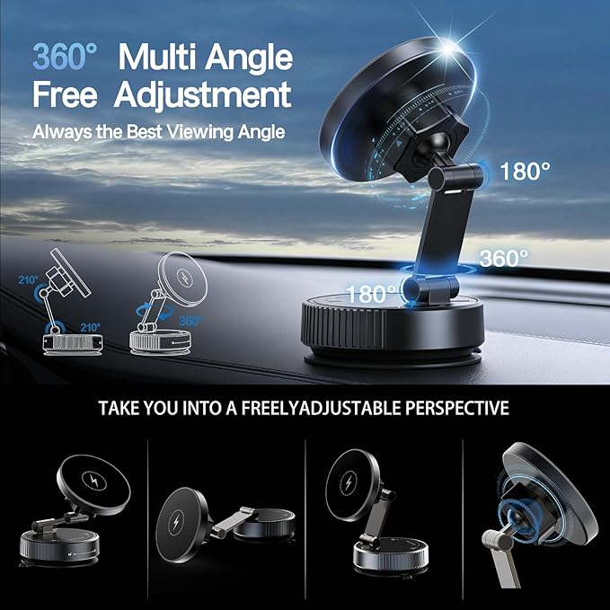 Wireless Car Mount Charger for MagSafe [15W Faster Charging, 120+LBS Suction & 2800gf Strongest Magnetic, RGB Lighting] 360° Adjustable Vacuum Phone Holders for Your Car Charger for iPhone