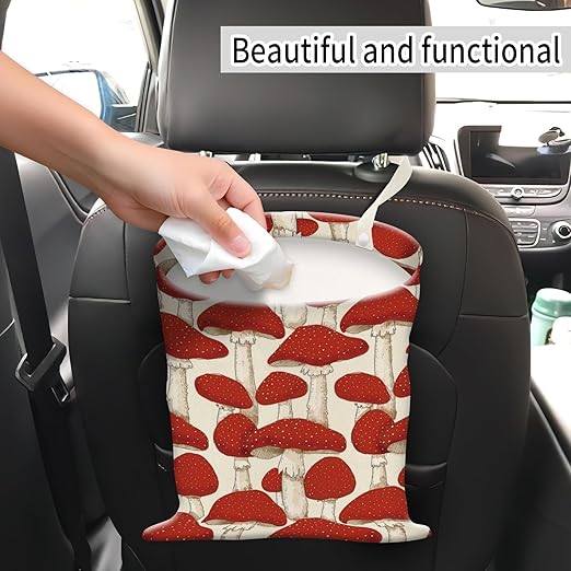 Car Trash Can, Hanging Garbage Bin for Men and Women, Cute Car Organizer and Storage Bag, Canvas Vehicle Trash Can Bag Easy-to-Install Cute Red Mushroom