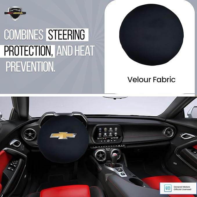 Seat Armour New Camaro Steering Wheel Cover – Universal Fit, Soft & Machine Washable – Easy Install Multipurpose Steering Wheel Armour with Officially Licensed Camaro Logo