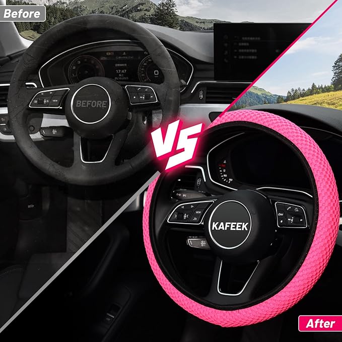 KAFEEK Elastic Stretch Steering Wheel Cover 15 Inch, Breathable Ice Silk Microfiber, Non-Slip Grip, Warm in Winter and Cool in Summer, Odorless, Car Accessories Fit Cars, SUVs, Rose Red