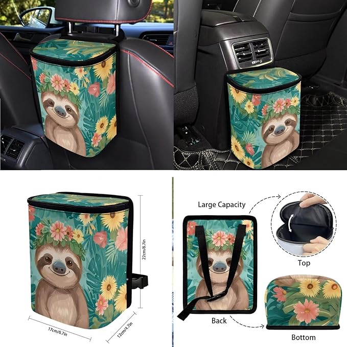 10 Pieces Car Seat Cover Full Sets, Sloth Flower Print Car Front Bucket Seat Protectors with Split Bench Back Seat Covers, Steering Wheel Protector, Coaster, Trash Can, Air Vent Storage Bag